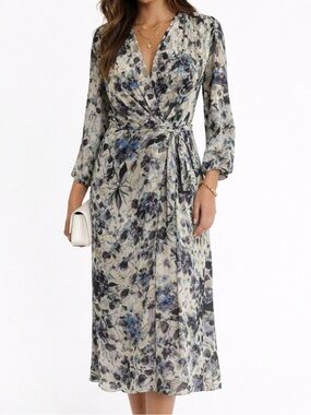 WORTH NY Floral Midi Wrap Dress Romantic Garden Party Euro Summer Office Size L